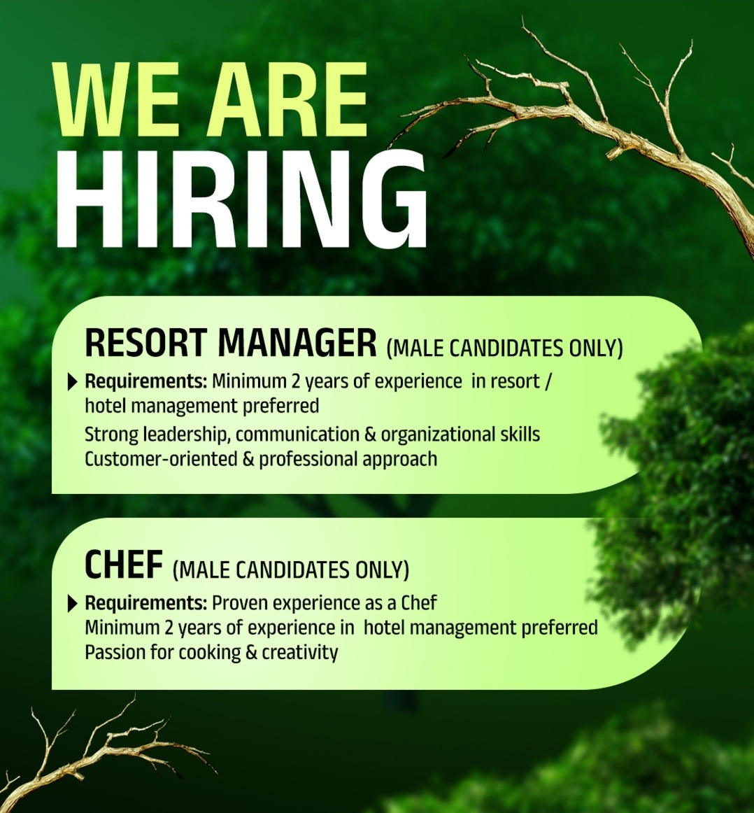 Job Vacancy in wayanad, Resort Manager, Chef