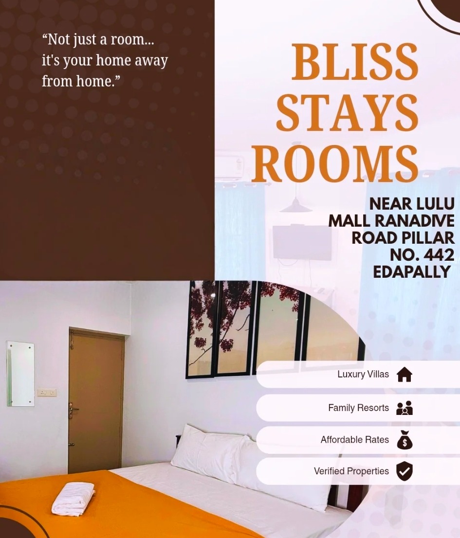 Stay in edappally kochi,Cozy Rooms in edappally kochi, Apartment in edappally kochi, Hotel rooms in edappally kochi,Bliss Stays 