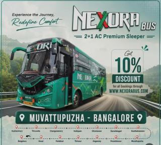 Muvattupuzha to Bangalore bus booking, Koothattukulam to Bangalore bus booking, Kuruvilangad to Bangalore bus booking, Puthupally to Bangalore bus, Nexora Bus 