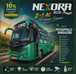 Muvattupuzha to Bangalore bus booking, Koothattukulam to Bangalore bus booking, Kuruvilangad to Bangalore bus booking, Puthupally to Bangalore bus, Nexora Bus 