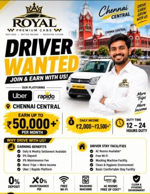 Taxi service in royapuram chennai,Driver hiring for uber ola rapido in royapuram chennai,Royal Premium Cabs 