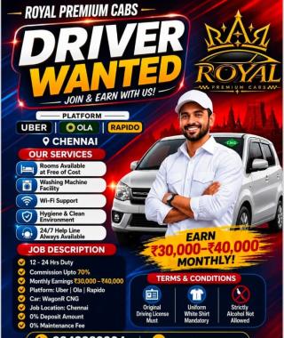 Taxi service in royapuram chennai,Driver hiring for uber ola rapido in royapuram chennai,Royal Premium Cabs 