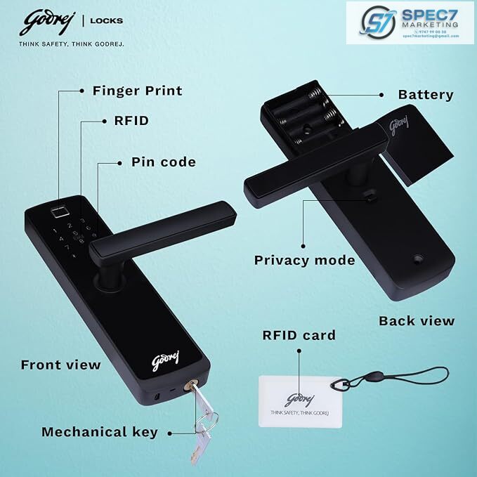 Godrej Smart Lock I Catus Connect I Digital Lock for Wooden Door | 5 in 1 Access I WiFi I Fingerprint I RFID Card I PIN Access I Mechanical Key I 3 Strong Locking Dead Bolts