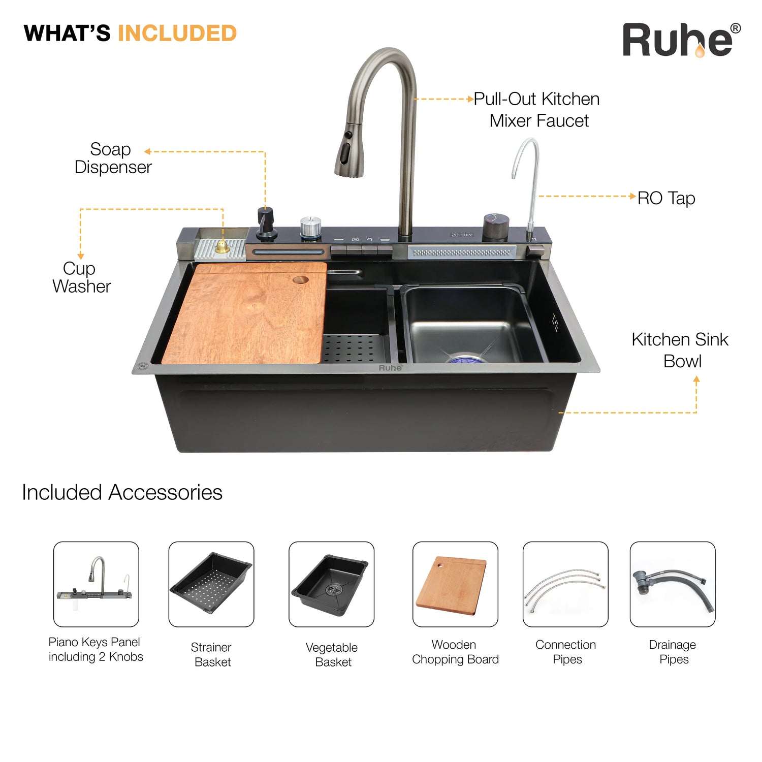 Ruhe Piano Smart Kitchen Sink (30 x 18 x 9 Inches) Black 