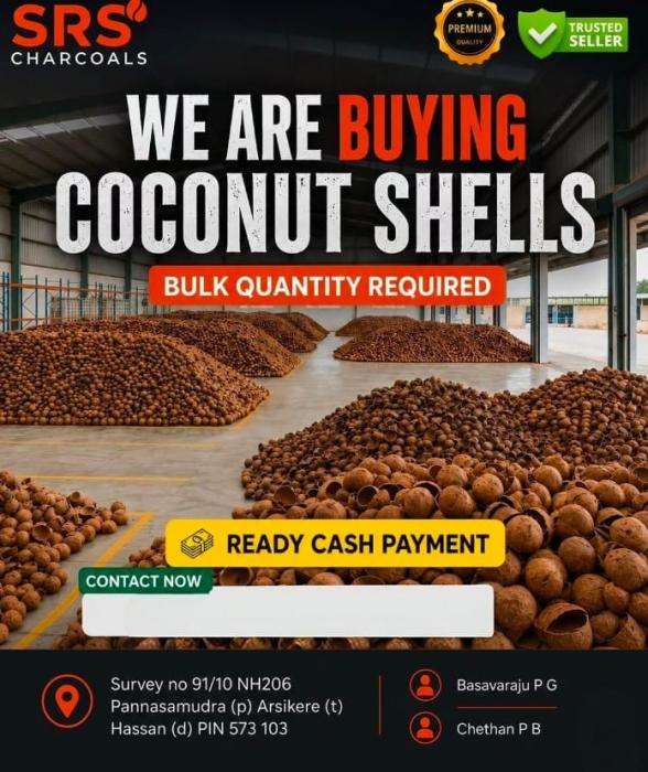 Manufactures of coconut shell charcoal in arsikere, Coconut shells  bulk  buyer in arsikere, coconut shell charcoal supplier in arsikere,SRS Charcoals 