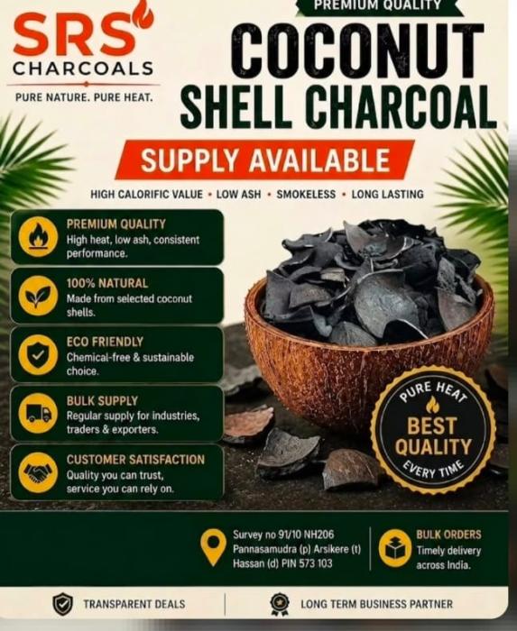 Manufactures of coconut shell charcoal in arsikere, Coconut shells  bulk  buyer in arsikere, coconut shell charcoal supplier in arsikere,SRS Charcoals 